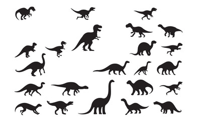 Fototapeta premium Black silhouette collection of various dinosaurs on white background for creative design