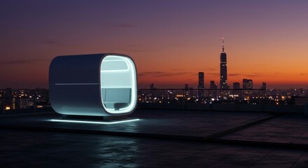 Futuristic pod on a rooftop overlooking a vibrant cityscape at sunset