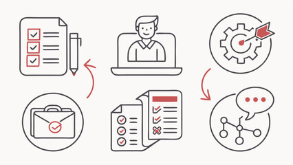Illustration showing a work process with checklist, person on laptop, and workflow symbols clearly shown