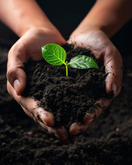 Hands Holding Soil and Sprouting Plant for Growth Concept