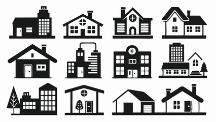 Flat suburban and city house icon collection showing various residential buildings in black and white outline vector format