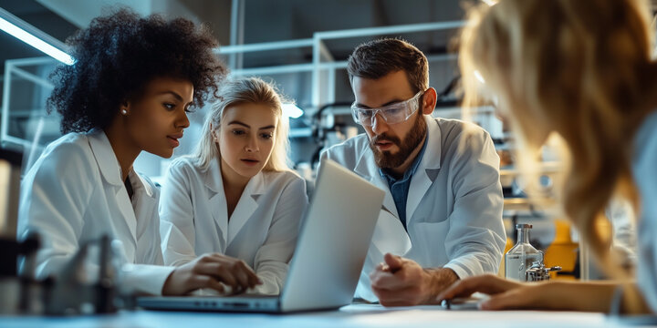 Ein Team von Ingenieuren arbeitet in einer Forschungseinrichtung an einem Fertigungsprojekt. Kollegen analysieren Daten mit einem Laptop und brainstormen 