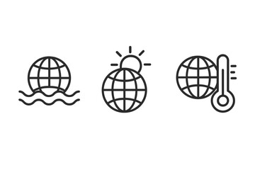 Climate change icons: rising sea levels, global warming, temperature increase symbols