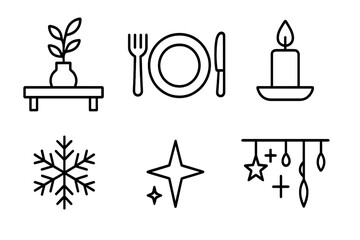Minimalist black icons: plant, dining, candle, snowflake, star, mobile