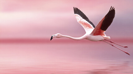 Fototapeta premium Flamingo gliding gracefully above calm pink lagoon with soft reflections and serene pastel sky, showcasing elegant wings and slender legs in flight