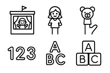 Simple black outline icons of children, toys, and learning symbols