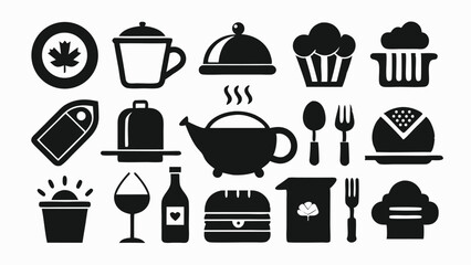 Cooking utensil icons including pots, cups, teapots, and tableware in black silhouette vector style, perfect for culinary, food, and restaurant projects