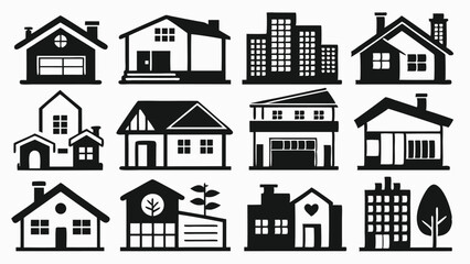 Combination of city buildings and suburban houses in black silhouette vector design for architecture, city planning, and residential housing graphics
