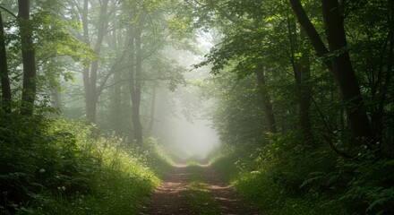 Misty forest path through lush green trees