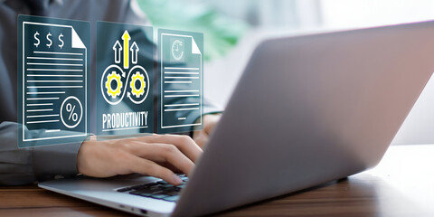 A business person using laptop with visual screen increase productivity concept