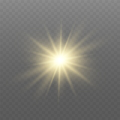 Glowing gold light. Glowing sun flash with golden rays, spotlight effect, and sparkling bokeh. Transparent overlay, warm illumination, starry highlights, soft bokeh