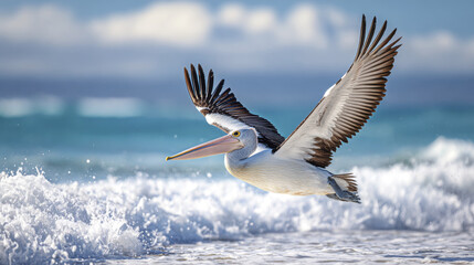 Pelican with wide wingspan skims low over sea waves under cloudy sky, showcasing its graceful flight and natural beauty in coastal environment