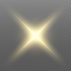 Glowing gold light. Glowing sun flash with golden rays, spotlight effect, and sparkling bokeh. Transparent overlay, warm illumination, starry highlights, soft bokeh
