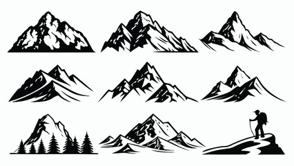 Fototapeta premium Set of mountain landscape silhouette vectors with trees and hikers, perfect for nature illustrations, outdoor adventure themes, camping, 