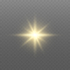Glowing gold light. Glowing sun flash with golden rays, spotlight effect, and sparkling bokeh. Transparent overlay, warm illumination, starry highlights, soft bokeh