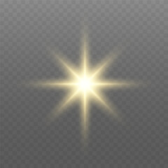 Glowing gold light. Glowing sun flash with golden rays, spotlight effect, and sparkling bokeh. Transparent overlay, warm illumination, starry highlights, soft bokeh