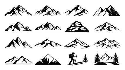 Set of mountain landscape silhouette vectors with trees and hikers, perfect for nature illustrations, outdoor adventure themes, camping, and wilderness design projects.