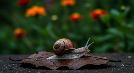 Snail on leaf in garden