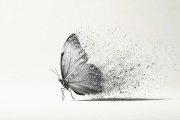 Black and white butterfly with its wings dissolving into particles, creating dynamic and artistic effect on clean white background