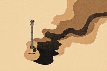 Single acoustic guitar with artistic shadow shapes resembling person and abstract forms, set against beige background, evoking creativity and music inspiration