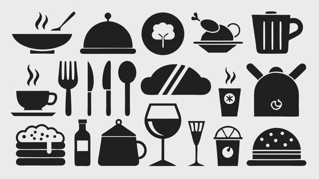 A set of food and beverage vector silhouettes including cutlery, drinks, plates, and cooking utensils ideal for menu design and culinary-themed graphics.