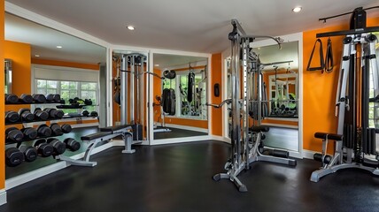 A home gym with a variety of equipment, mirrored walls and rubber flooring.