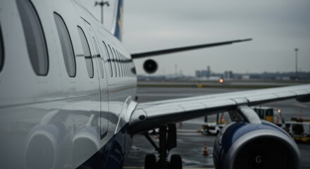 Close up of an airplane parked at a gate on the tarmac during golden hour at the airport for travel and transport concept.