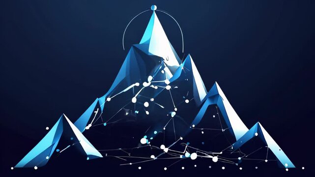 A low-poly wireframe of a mountain path leading to success, composed of lines, dots, and triangles on a dark blue background, symbolizing the journey of business investment
