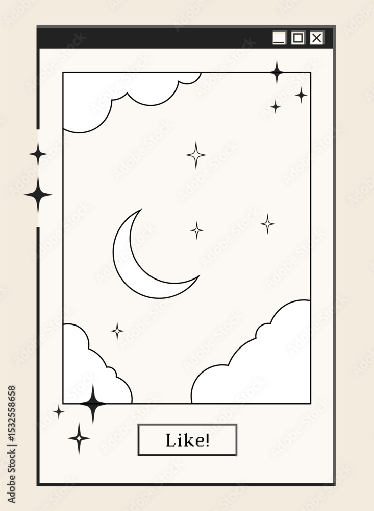 Poster retro computer window and dialogue screen with picture redactor with moon and stars, interface in 00