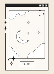 Retro computer window and dialogue screen with picture redactor with moon and stars, interface in 00s aesthetics. Vector illustration and graphic design element.