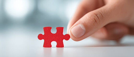 Red puzzle piece in hand symbolizing leadership and teamwork business strategy concept closeup view of success and connection in organization environment