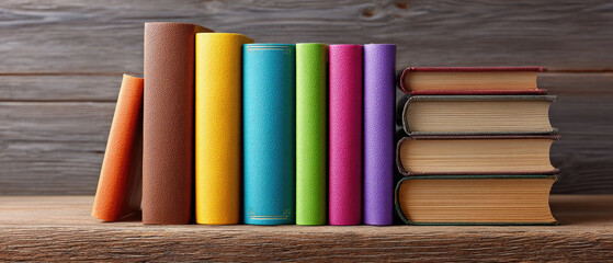 Colourful bookshelf stacked with various hardcovers in an indoor library environment closeup view on education and cognition concepts