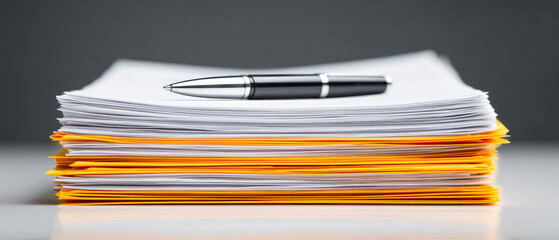 Business report documentation reviewing financial growth charts and statics in a stack of papers indoor environment with pen and information copy