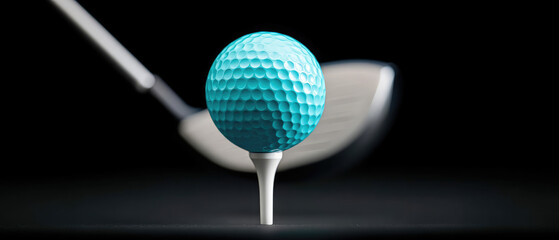 Indoor studio shot of a closeup golf driver hitting a teed ball on a black background focusing on luxury equipment and training tools for sport enthusiasts