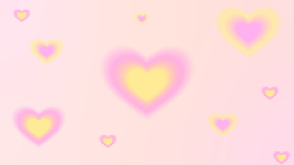 trendy background with gradient aura blur y2k hearts of different colors and shapes.