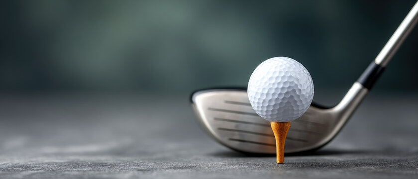 Golf driver club hitting a ball off a tee in indoor studio environment closeup view of luxury metal equipment on black background with copy space for training concept