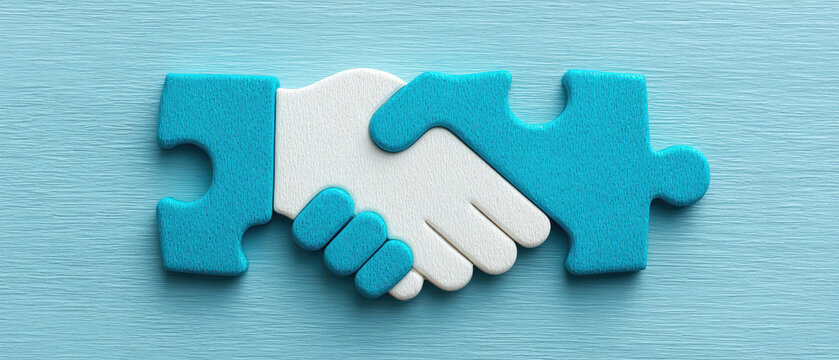 Handshake partnership event business context puzzle symbolism collaborative environment close-up viewpoint trust building concept for effective relationships