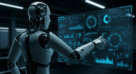 Advanced humanoid robot interacts with a futuristic digital interface displaying complex data visualizations and graphs