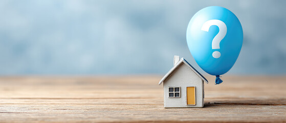 Understanding rental property questions miniature house with balloon sign concept on wooden table for real estate queries home and lease illustration