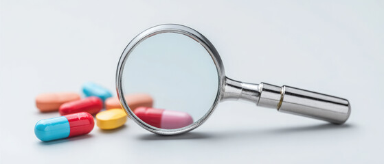 Analyzing pills and capsules with a magnifying glass for pharmaceutical research in a clean indoor studio environment for health care and prevention