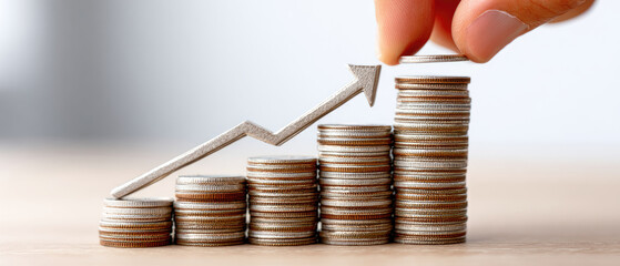 Investment growth strategy analyzing a positive financial progression with coins and arrows in a business environment for success and wealth accumulation