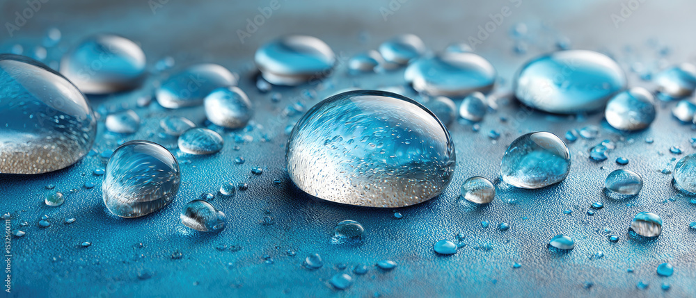 Poster cool blue waterdrops splashing on shiny surface abstract closeup texture background capturing raindr