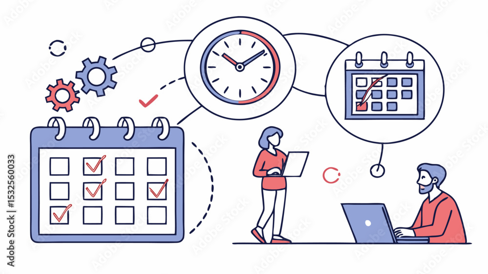 Poster illustration of two people working on laptops with calendars and clock showing project management