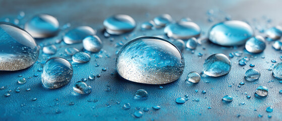 Cool blue waterdrops splashing on shiny surface abstract closeup texture background capturing raindrop patterns and misty liquid effects