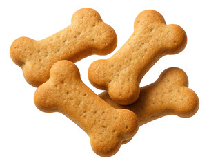 Four bone-shaped dog biscuits with a golden-brown, crisp texture.