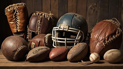 A large group of assorted vintage antique sports equipment. Including football helmet, baseball and boxing gloves etc.