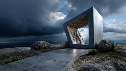 Monolithic concrete structure with waterfall inside stands on rocky terrain under dramatic cloudy sky, evoking sense of freedom and awe