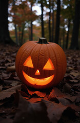 Obraz premium Glowing carved pumpkin on forest floor with autumn leaves.