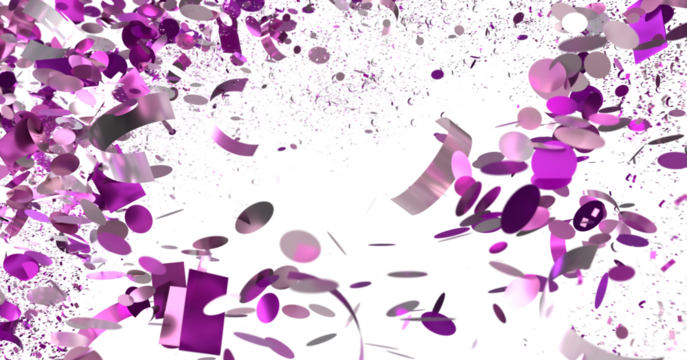 Vibrant purple confetti bursts on white. Ideal for celebration, party, or festive designs.