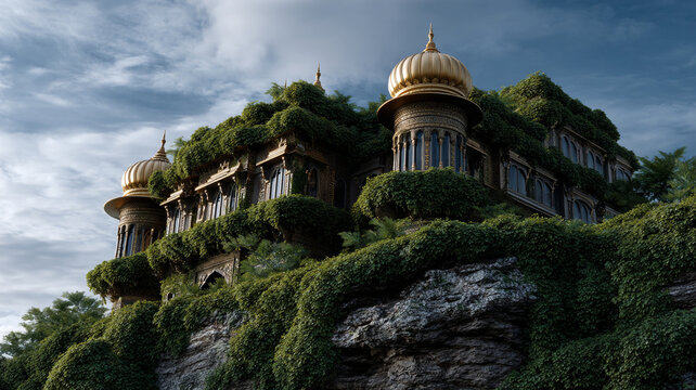 Ecobaroque palace covered in lush greenery with ornate golden domes under dramatic cloudy sky, creating majestic and serene atmosphere